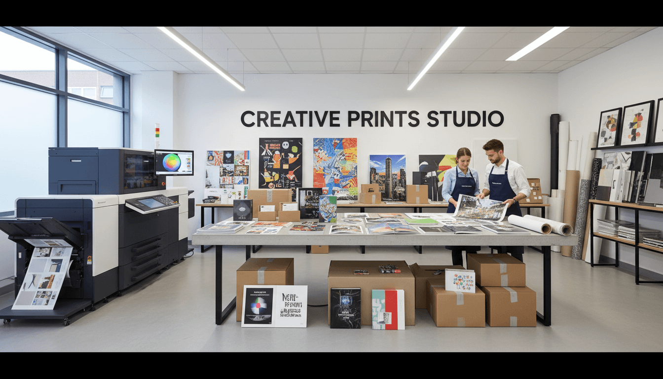 Professional printing setup with completed printed materials and modern equipment