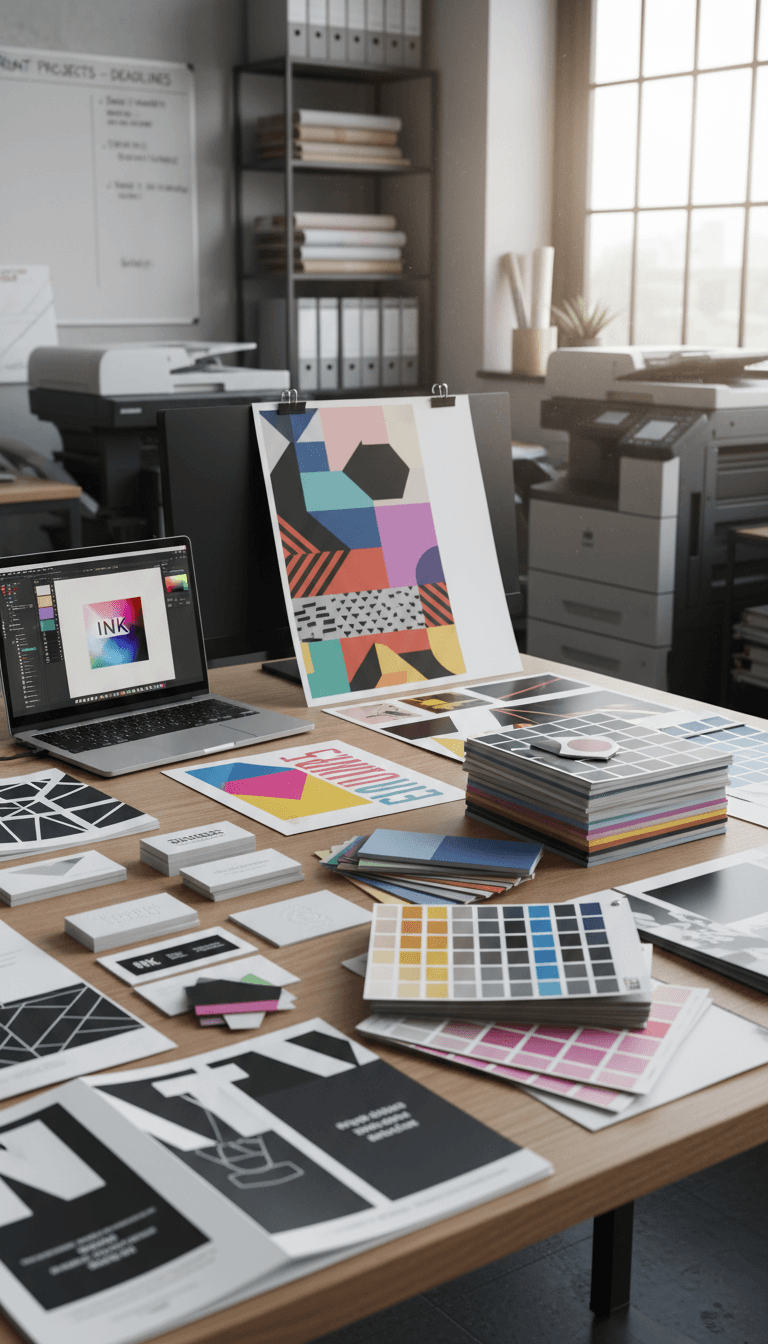 Design workspace with printing samples and color materials