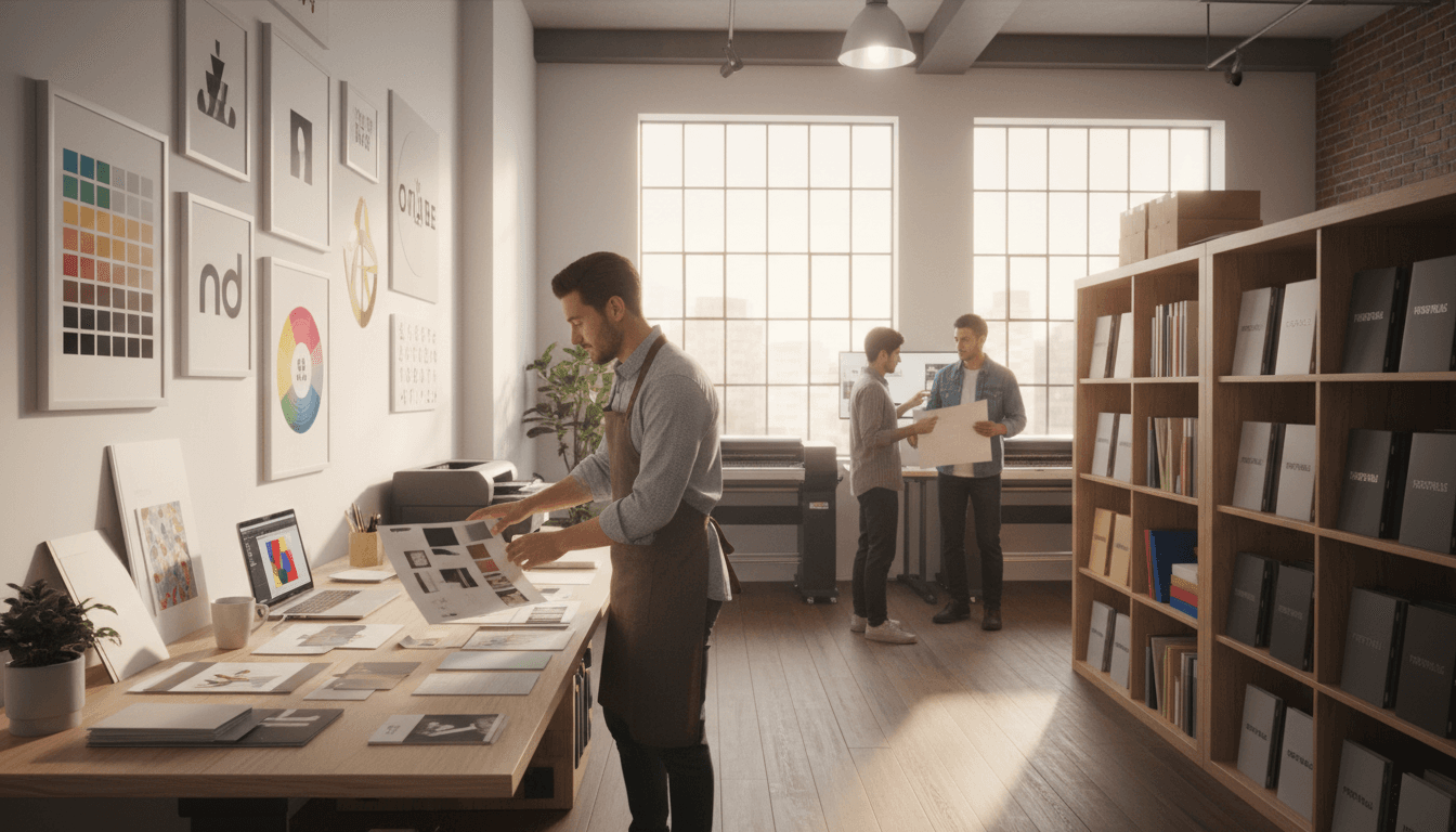 Professional printing studio showcasing graphic design and printing services