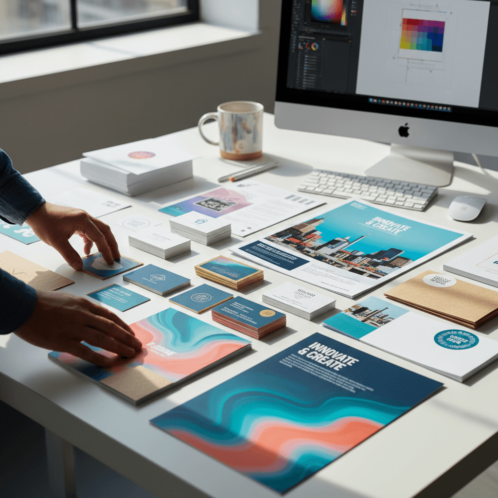 Professional printing materials and color samples displayed on a clean modern workspace
