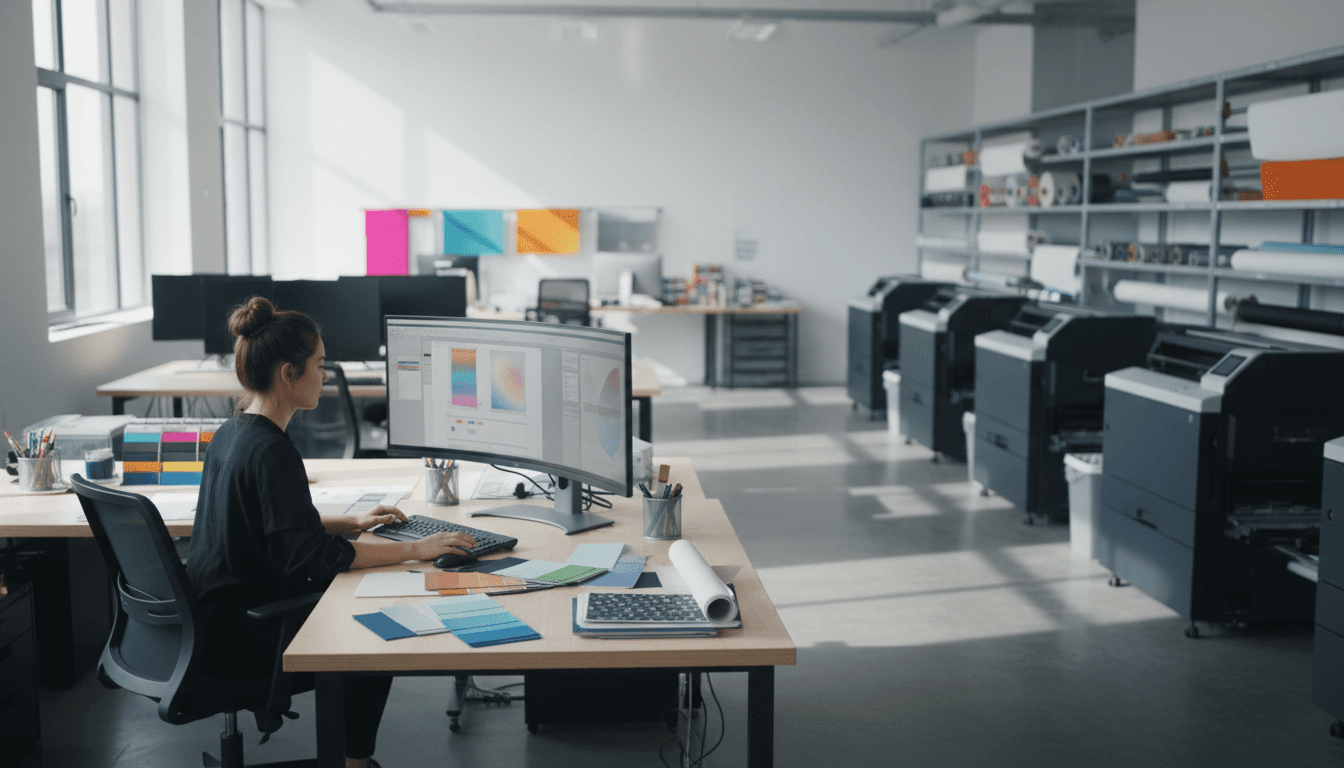 Graphic designer at work in professional printing studio with branded materials and design samples on desk
