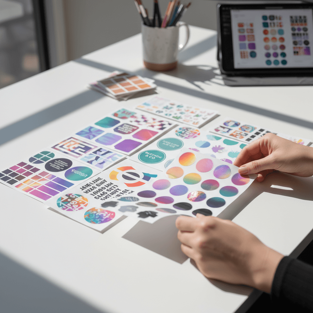 Various printed stickers and labels with vibrant colors and detailed designs