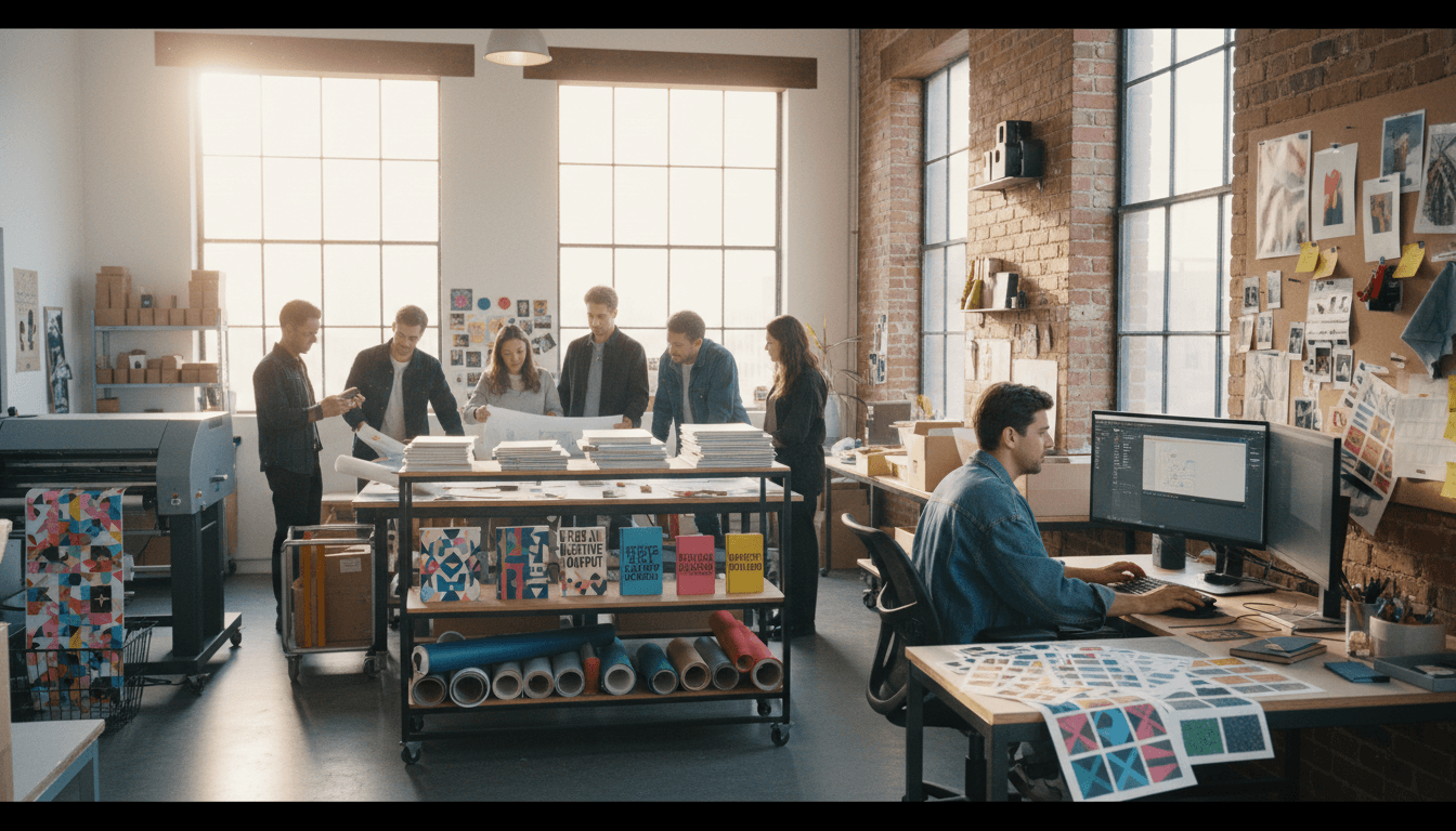 Professional printing and graphic design workspace at Primum Genus Digital Print's