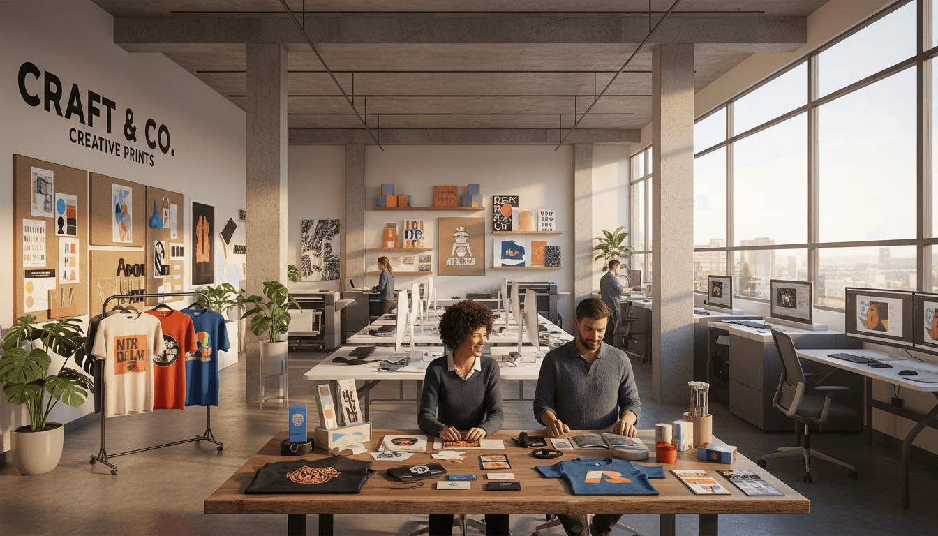 Professional printing studio with vibrant branded materials, mugs, business cards, and design samples on display