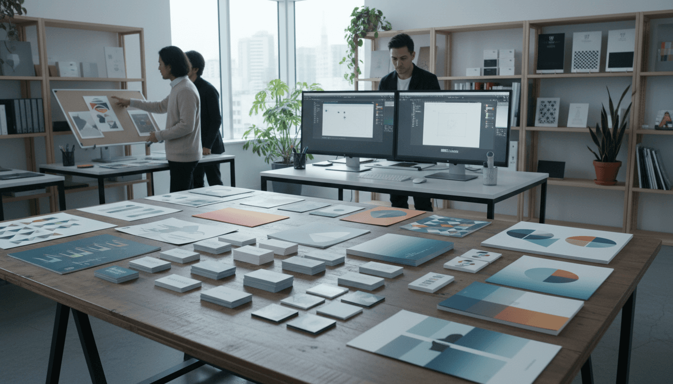 Professional designer working with printed materials in a modern printing studio